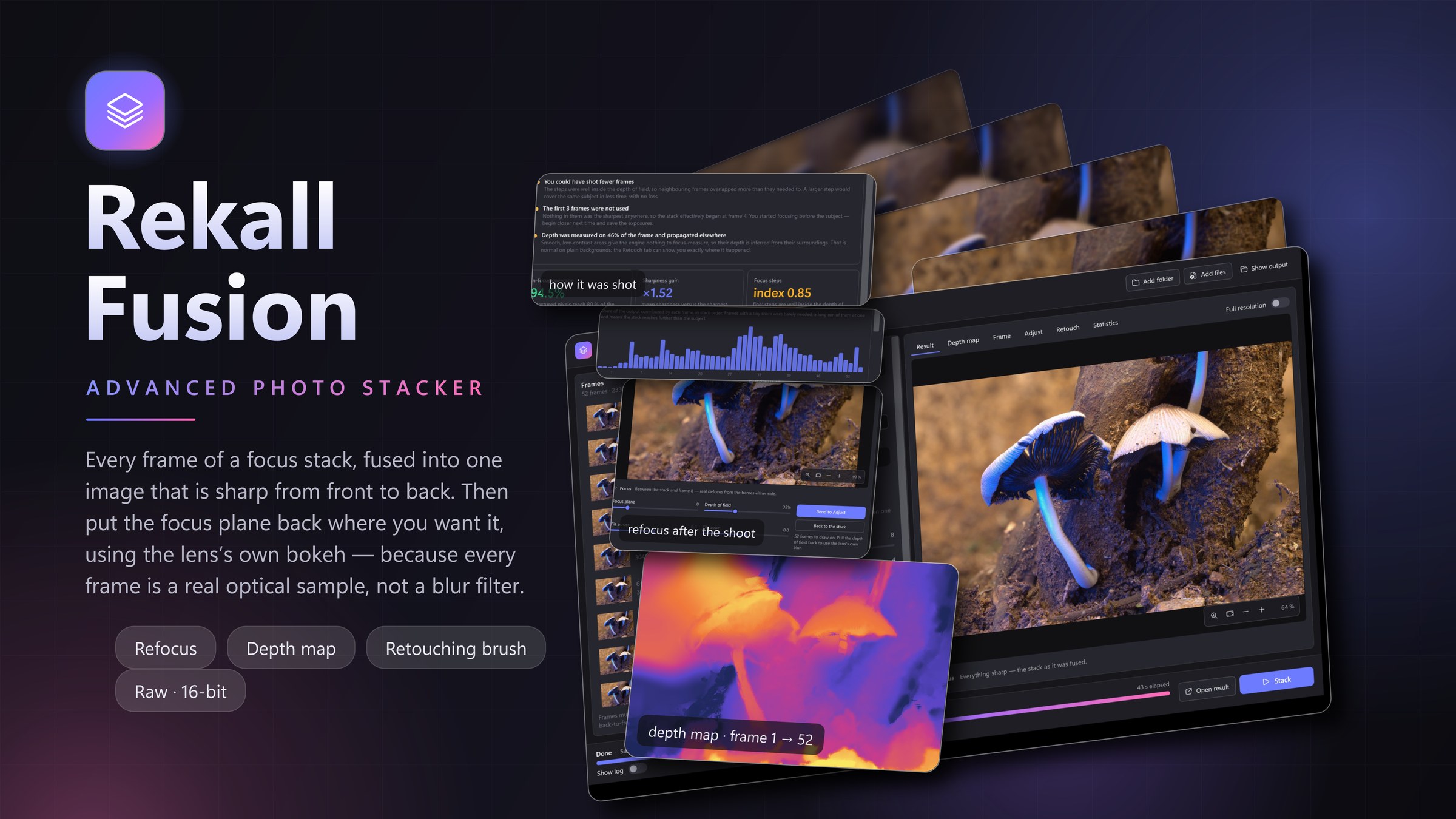 Rekall Fusion fusing 52 raw frames of a mushroom into one sharp image
