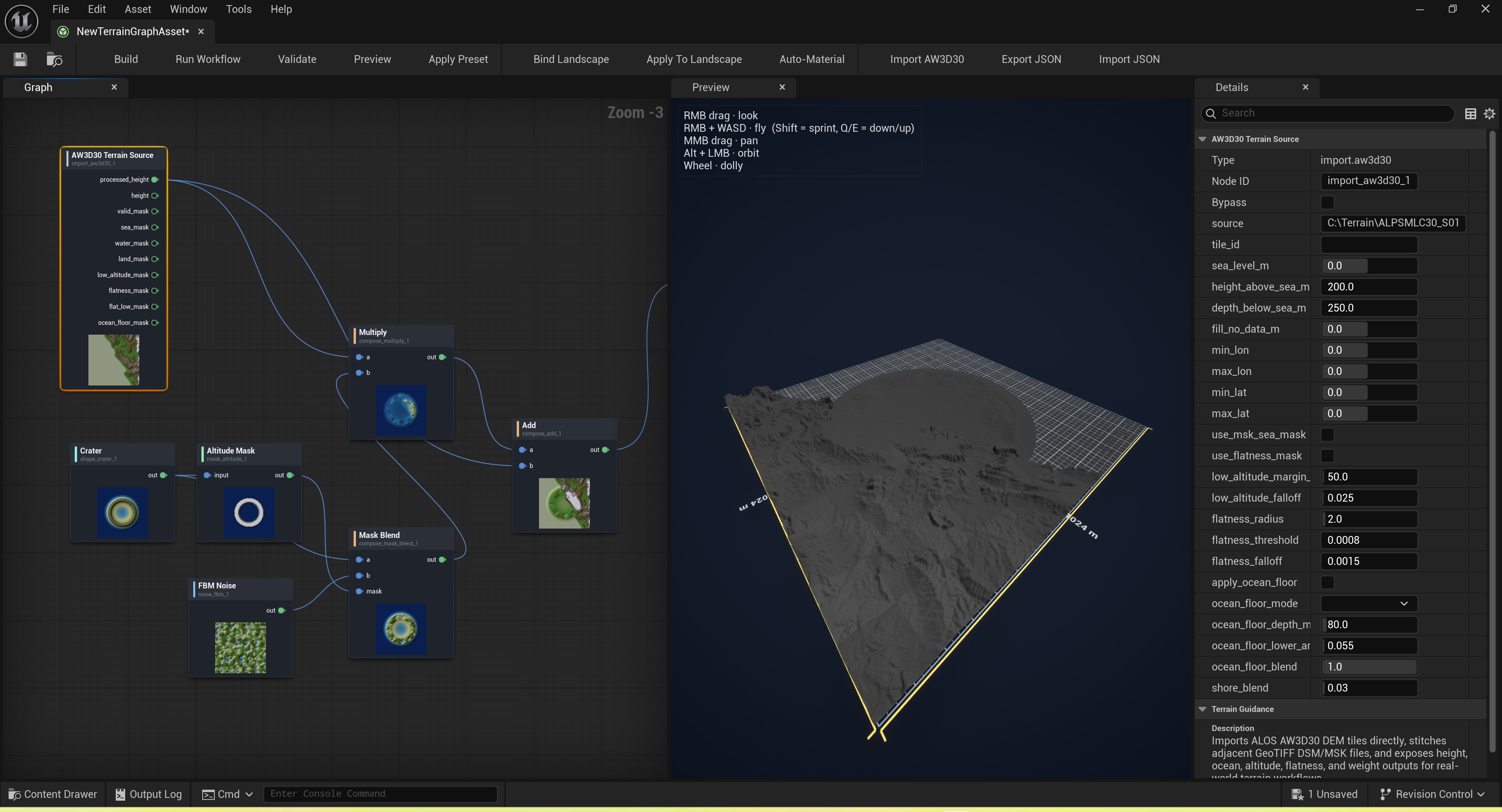 Rekall Terrain Graph graph editor — noise, erosion, and composition nodes wired into a complete terrain